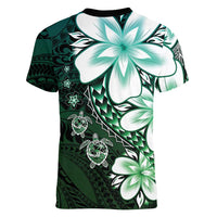 Polynesia Romantic Valentine Women V-Neck T-Shirt Sea Turtle Couple With Aqua Gradient Plumeria LT05 - Polynesian Pride