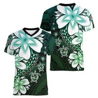 Polynesia Romantic Valentine Women V-Neck T-Shirt Sea Turtle Couple With Aqua Gradient Plumeria LT05 - Polynesian Pride