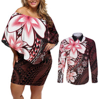 Polynesia Romantic Valentine Couples Matching Off Shoulder Short Dress and Long Sleeve Button Shirt Sea Turtle Couple With Red Gradient Plumeria LT05 Red - Polynesian Pride