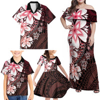 Polynesia Romantic Valentine Family Matching Off Shoulder Maxi Dress and Hawaiian Shirt Sea Turtle Couple With Red Gradient Plumeria