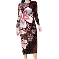 Polynesia Romantic Valentine Long Sleeve Bodycon Dress Sea Turtle Couple With Red Gradient Plumeria LT05 Long Dress Red - Polynesian Pride