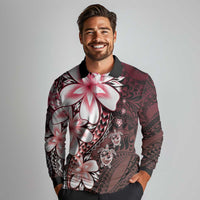 Polynesia Romantic Valentine Long Sleeve Polo Shirt Sea Turtle Couple With Red Gradient Plumeria LT05 - Polynesian Pride