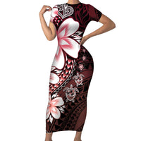 Polynesia Romantic Valentine Short Sleeve Bodycon Dress Sea Turtle Couple With Red Gradient Plumeria LT05 Long Dress Red - Polynesian Pride