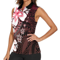 Polynesia Romantic Valentine Women Sleeveless Polo Shirt Sea Turtle Couple With Red Gradient Plumeria LT05 - Polynesian Pride