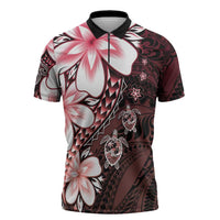 Polynesia Romantic Valentine Zipper Polo Shirt Sea Turtle Couple With Red Gradient Plumeria LT05 Red - Polynesian Pride