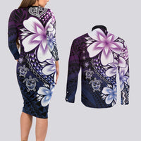 Polynesia Romantic Valentine Couples Matching Long Sleeve Bodycon Dress and Long Sleeve Button Shirt Sea Turtle Couple With Purple Gradient Plumeria