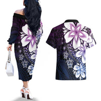 Polynesia Romantic Valentine Couples Matching Off The Shoulder Long Sleeve Dress and Hawaiian Shirt Sea Turtle Couple With Purple Gradient Plumeria