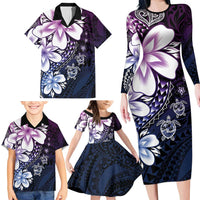 Polynesia Romantic Valentine Family Matching Long Sleeve Bodycon Dress and Hawaiian Shirt Sea Turtle Couple With Purple Gradient Plumeria