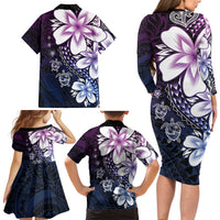 Polynesia Romantic Valentine Family Matching Long Sleeve Bodycon Dress and Hawaiian Shirt Sea Turtle Couple With Purple Gradient Plumeria
