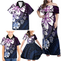 Polynesia Romantic Valentine Family Matching Off Shoulder Maxi Dress and Hawaiian Shirt Sea Turtle Couple With Purple Gradient Plumeria