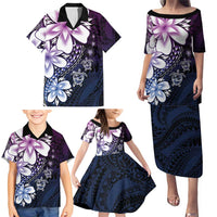 Polynesia Romantic Valentine Family Matching Puletasi and Hawaiian Shirt Sea Turtle Couple With Purple Gradient Plumeria