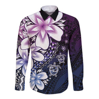 Polynesia Romantic Valentine Long Sleeve Button Shirt Sea Turtle Couple With Purple Gradient Plumeria