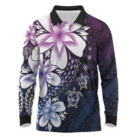 Polynesia Romantic Valentine Long Sleeve Polo Shirt Sea Turtle Couple With Purple Gradient Plumeria LT05 Purple - Polynesian Pride