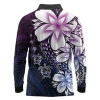 Polynesia Romantic Valentine Long Sleeve Polo Shirt Sea Turtle Couple With Purple Gradient Plumeria LT05 - Polynesian Pride
