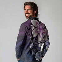 Polynesia Romantic Valentine Long Sleeve Polo Shirt Sea Turtle Couple With Purple Gradient Plumeria LT05 - Polynesian Pride