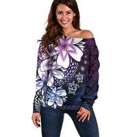 Polynesia Romantic Valentine Off Shoulder Sweater Sea Turtle Couple With Purple Gradient Plumeria LT05 Women Purple - Polynesian Pride
