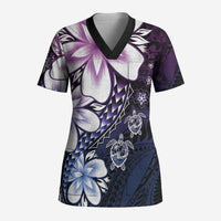 Polynesia Romantic Valentine Scrub Top Sea Turtle Couple With Purple Gradient Plumeria LT05 Adult Purple - Polynesian Pride
