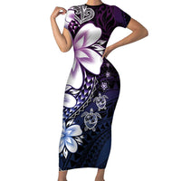 Polynesia Romantic Valentine Short Sleeve Bodycon Dress Sea Turtle Couple With Purple Gradient Plumeria LT05 Long Dress Purple - Polynesian Pride