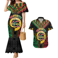Vanuatu 46th Anniversary Independence Day Couples Matching Mermaid Dress and Hawaiian Shirt Melanesian Warrior With Sand Drawing Pattern LT05 Black - Polynesian Pride