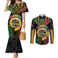 Vanuatu 45th Anniversary Independence Day Couples Matching Mermaid Dress and Long Sleeve Button Shirt Melanesian Warrior With Sand Drawing Pattern LT05 Black - Polynesian Pride