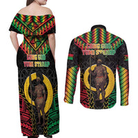 Vanuatu 45th Anniversary Independence Day Couples Matching Off Shoulder Maxi Dress and Long Sleeve Button Shirt Melanesian Warrior With Sand Drawing Pattern LT05 - Polynesian Pride