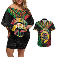 Vanuatu 45th Anniversary Independence Day Couples Matching Off Shoulder Short Dress and Hawaiian Shirt Melanesian Warrior With Sand Drawing Pattern LT05