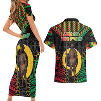 Vanuatu 46th Anniversary Independence Day Couples Matching Short Sleeve Bodycon Dress and Hawaiian Shirt Melanesian Warrior With Sand Drawing Pattern LT05 - Polynesian Pride