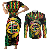 Vanuatu 46th Anniversary Independence Day Couples Matching Short Sleeve Bodycon Dress and Long Sleeve Button Shirt Melanesian Warrior With Sand Drawing Pattern LT05 Black - Polynesian Pride