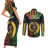 Vanuatu 46th Anniversary Independence Day Couples Matching Short Sleeve Bodycon Dress and Long Sleeve Button Shirt Melanesian Warrior With Sand Drawing Pattern LT05 - Polynesian Pride