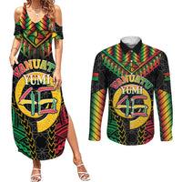 Vanuatu 46th Anniversary Independence Day Couples Matching Summer Maxi Dress and Long Sleeve Button Shirt Melanesian Warrior With Sand Drawing Pattern LT05 Black - Polynesian Pride