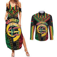Vanuatu 45th Anniversary Independence Day Couples Matching Summer Maxi Dress and Long Sleeve Button Shirt Melanesian Warrior With Sand Drawing Pattern LT05 Black - Polynesian Pride