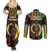 Vanuatu 46th Anniversary Independence Day Couples Matching Summer Maxi Dress and Long Sleeve Button Shirt Melanesian Warrior With Sand Drawing Pattern LT05 - Polynesian Pride