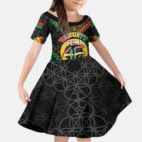 Vanuatu 46th Anniversary Independence Day Family Matching Off The Shoulder Long Sleeve Dress and Hawaiian Shirt Melanesian Warrior With Sand Drawing Pattern LT05 Daughter's Dress Black - Polynesian Pride