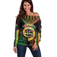 Vanuatu 45th Anniversary Independence Day Off Shoulder Sweater Melanesian Warrior With Sand Drawing Pattern LT05 Women Black - Polynesian Pride