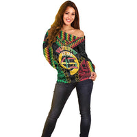 Vanuatu 45th Anniversary Independence Day Off Shoulder Sweater Melanesian Warrior With Sand Drawing Pattern LT05 - Polynesian Pride