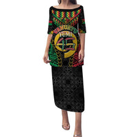 Vanuatu 45th Anniversary Independence Day Puletasi Melanesian Warrior With Sand Drawing Pattern LT05 Long Dress Black - Polynesian Pride