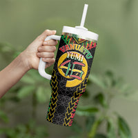 Vanuatu 46th Anniversary Independence Day Tumbler With Handle Melanesian Warrior With Sand Drawing Pattern LT05 - Polynesian Pride