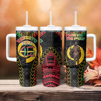 Vanuatu 46th Anniversary Independence Day Tumbler With Handle Melanesian Warrior With Sand Drawing Pattern LT05 - Polynesian Pride