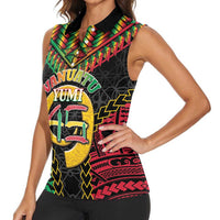 Vanuatu 46th Anniversary Independence Day Women Sleeveless Polo Shirt Melanesian Warrior With Sand Drawing Pattern LT05 - Polynesian Pride