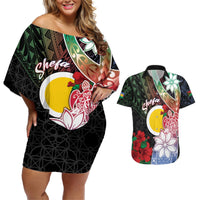 Personalised Vanuatu Shefa Day Couples Matching Off Shoulder Short Dress and Hawaiian Shirt Floral Pattern LT05 Black - Polynesian Pride