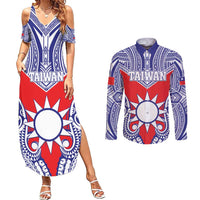 Personalised Taiwan Couples Matching Summer Maxi Dress and Long Sleeve Button Shirt Austronesian Tribal Tattoo Red - Polynesian Pride