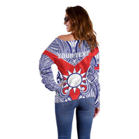 Personalised Taiwan Off Shoulder Sweater Austronesian Tribal Tattoo Red - Polynesian Pride