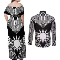 Personalised Taiwan Couples Matching Off Shoulder Maxi Dress and Long Sleeve Button Shirt Austronesian Tribal Tattoo Black - Polynesian Pride