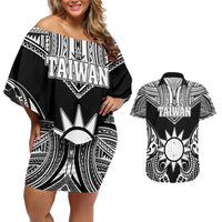 Personalised Taiwan Couples Matching Off Shoulder Short Dress and Hawaiian Shirt Austronesian Tribal Tattoo Black - Polynesian Pride