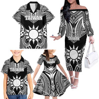 Personalised Taiwan Family Matching Off The Shoulder Long Sleeve Dress and Hawaiian Shirt Austronesian Tribal Tattoo Black - Polynesian Pride