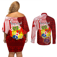 Personalized Tonga Niuas Couples Matching Off Shoulder Short Dress and Long Sleeve Button Shirts White Tailed Tropicbird With Ngatu Pattern LT05 - Polynesian Pride