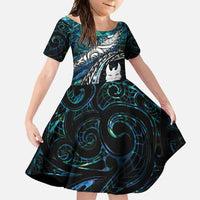 New Zealand Aotearoa Family Matching Long Sleeve Bodycon Dress and Hawaiian Shirt Maori Hei Rehua Paua Shell Glitter Green LT05 Daughter's Dress Green - Polynesian Pride