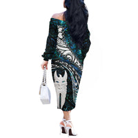 New Zealand Aotearoa Off The Shoulder Long Sleeve Dress Maori Hei Rehua Paua Shell Glitter Green
