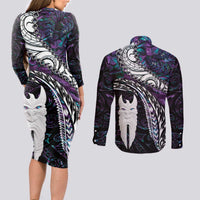 New Zealand Aotearoa Couples Matching Long Sleeve Bodycon Dress and Long Sleeve Button Shirt Maori Hei Rehua Paua Shell Glitter Purple
