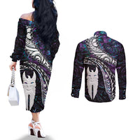 New Zealand Aotearoa Couples Matching Off The Shoulder Long Sleeve Dress and Long Sleeve Button Shirt Maori Hei Rehua Paua Shell Glitter Purple